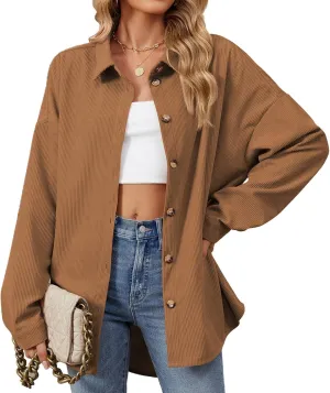 Women's Corduroy Shirt Long Sleeve Button Down Shacket Jacket Casual Oversized Top Trendy Versatile Fall Coats 2024