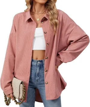 Women's Corduroy Shirt Long Sleeve Button Down Shacket Jacket Casual Oversized Top Trendy Versatile Fall Coats 2024