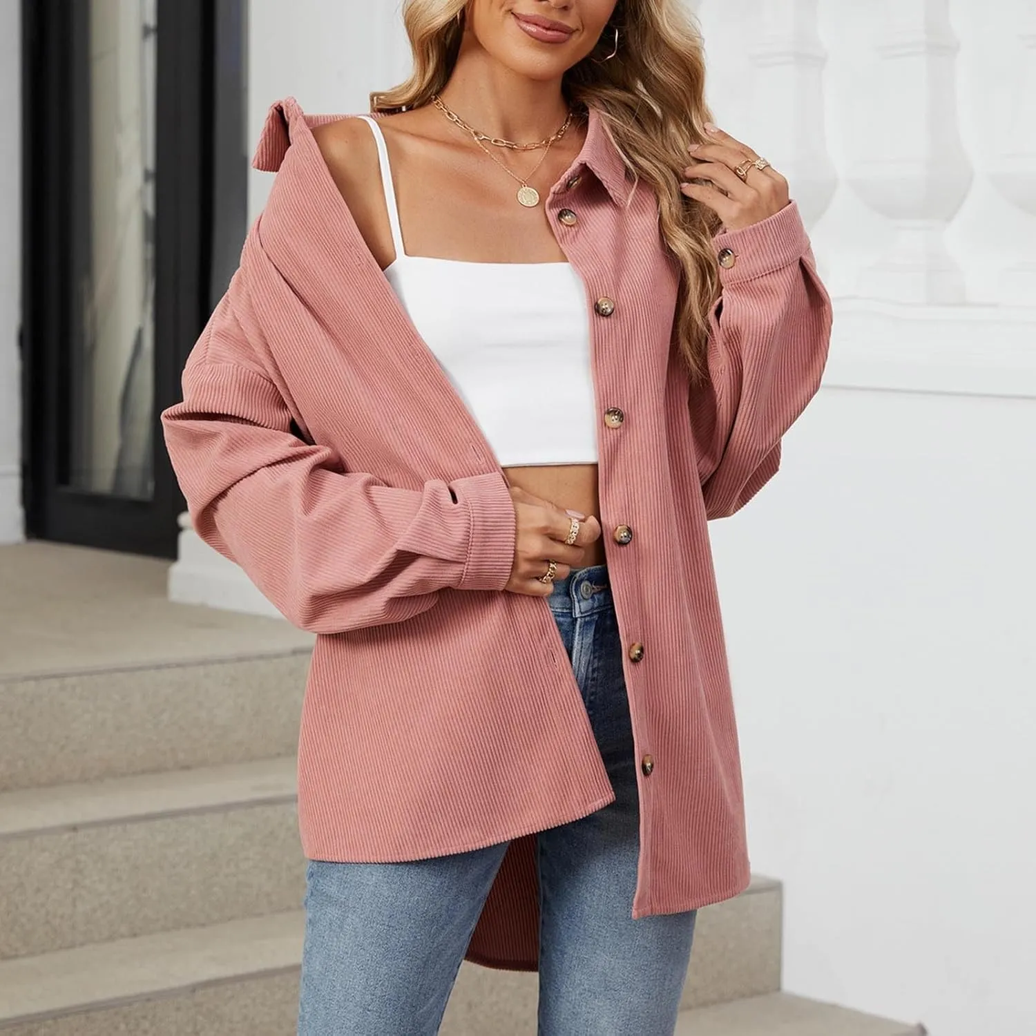 Women's Corduroy Shirt Long Sleeve Button Down Shacket Jacket Casual Oversized Top Trendy Versatile Fall Coats 2024