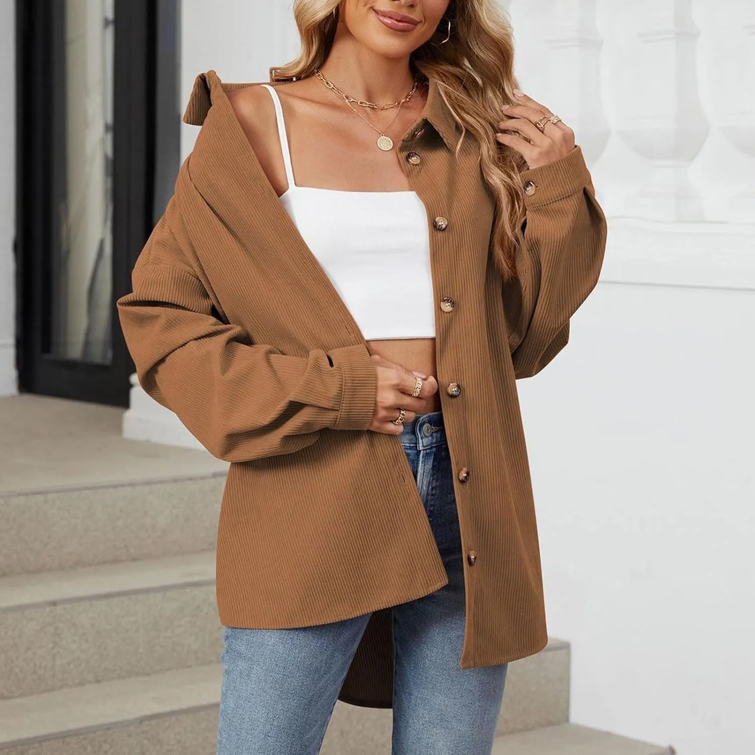 Women's Corduroy Shirt Long Sleeve Button Down Shacket Jacket Casual Oversized Top Trendy Versatile Fall Coats 2024