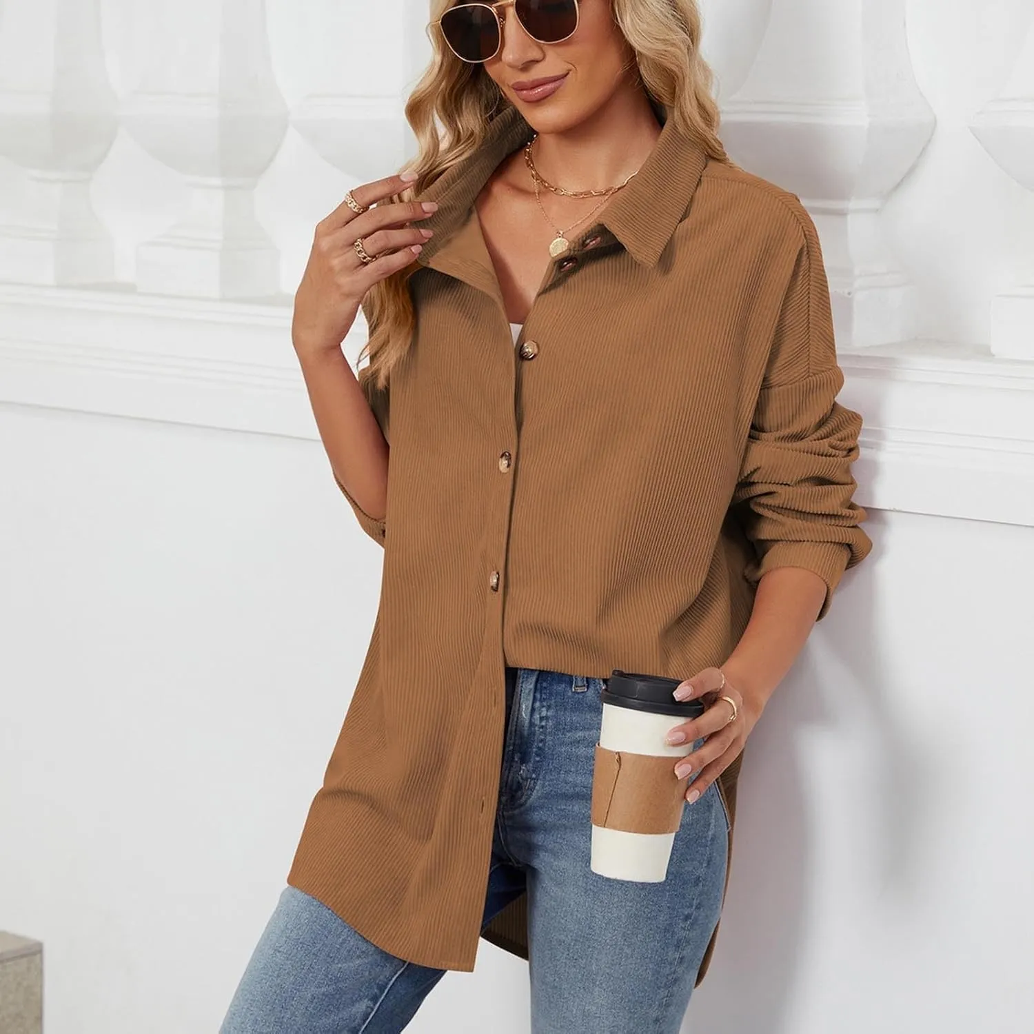Women's Corduroy Shirt Long Sleeve Button Down Shacket Jacket Casual Oversized Top Trendy Versatile Fall Coats 2024