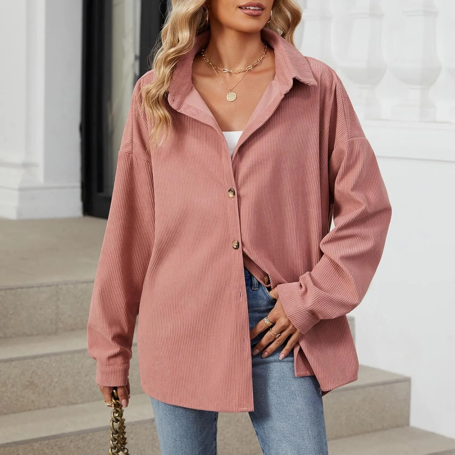 Women's Corduroy Shirt Long Sleeve Button Down Shacket Jacket Casual Oversized Top Trendy Versatile Fall Coats 2024