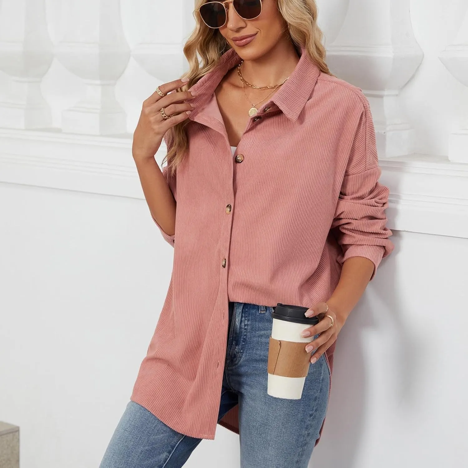 Women's Corduroy Shirt Long Sleeve Button Down Shacket Jacket Casual Oversized Top Trendy Versatile Fall Coats 2024