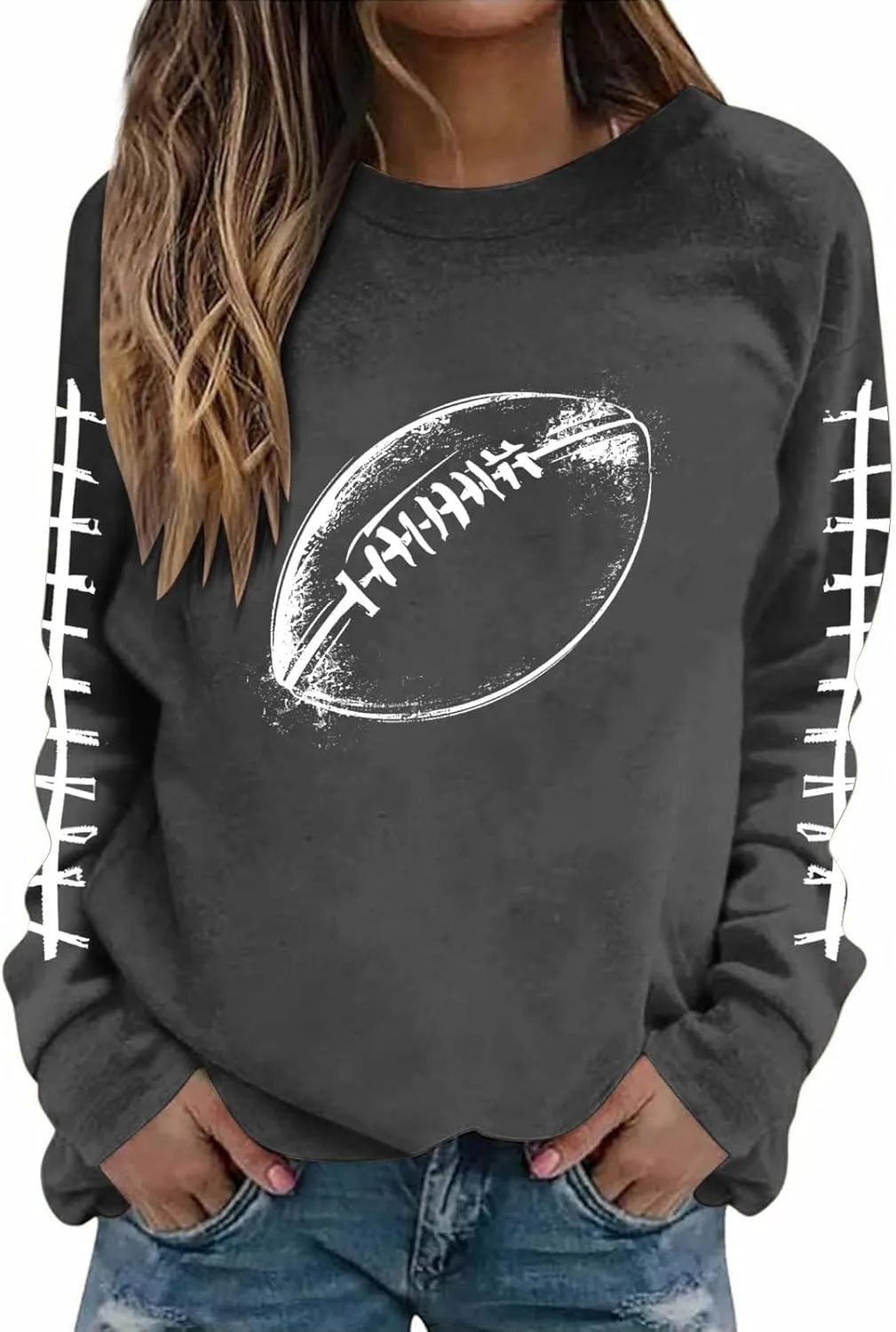 Women's Crewneck Sweatshirts Rugby Football Graphic Long Sleeve Gameday Tops Crewneck Baggy Game Day Pullover Hoodies