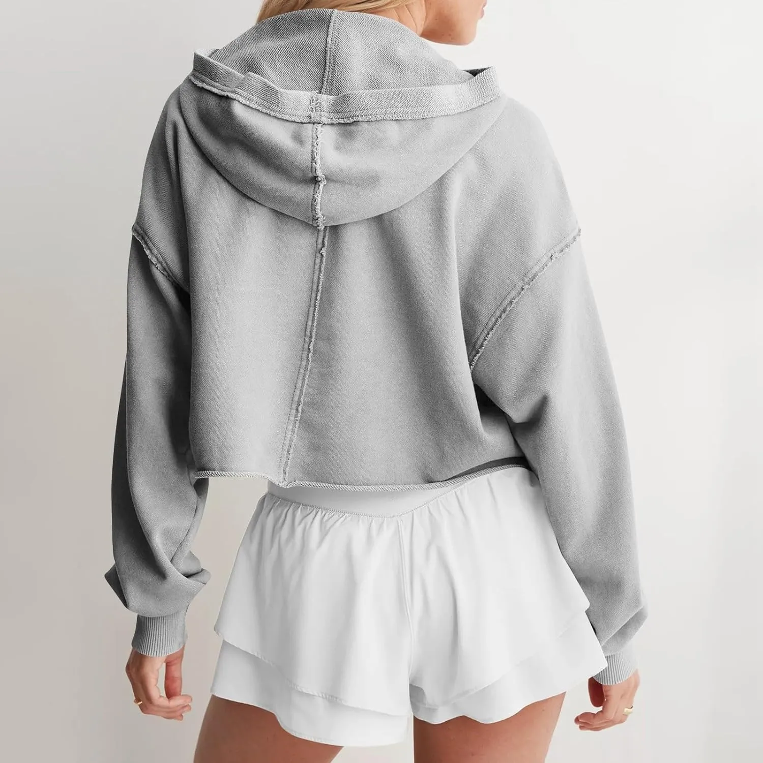 Womens Cropped Hoodies Long Sleeves V Neck Loose Casual Hooded Sweatshirts 2024 Fall Fashion Clothes