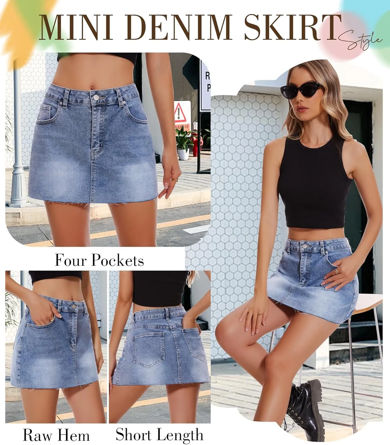 Womens Denim Mini Skirt Stretchy Mid Waist Casual Trendy Y2k Jean Skirts with Pockets
