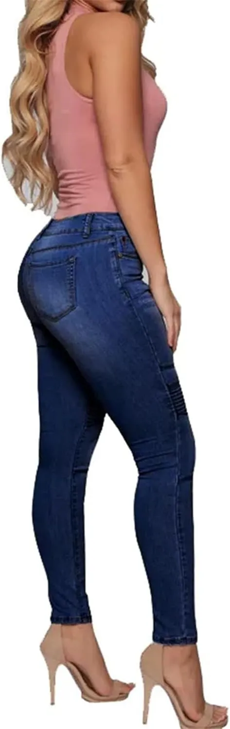 Women's Fashion High Stretch Skinny Denim Pencil Pants Street Casual Dark Blue Pleated Ripped Jeans