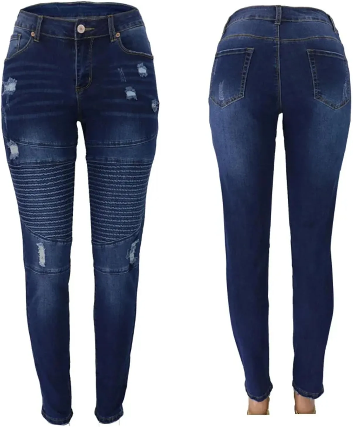 Women's Fashion High Stretch Skinny Denim Pencil Pants Street Casual Dark Blue Pleated Ripped Jeans