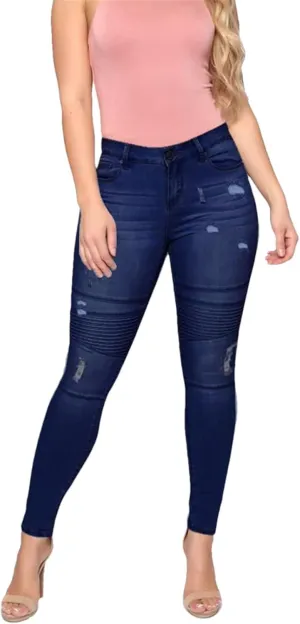 Women's Fashion High Stretch Skinny Denim Pencil Pants Street Casual Dark Blue Pleated Ripped Jeans