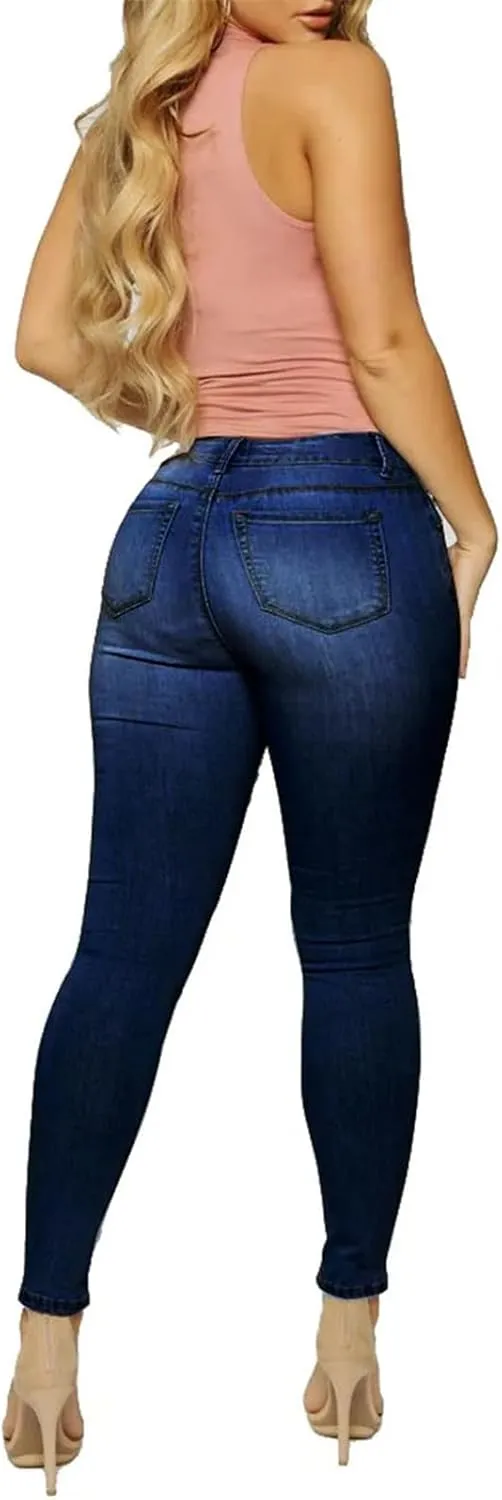 Women's Fashion High Stretch Skinny Denim Pencil Pants Street Casual Dark Blue Pleated Ripped Jeans
