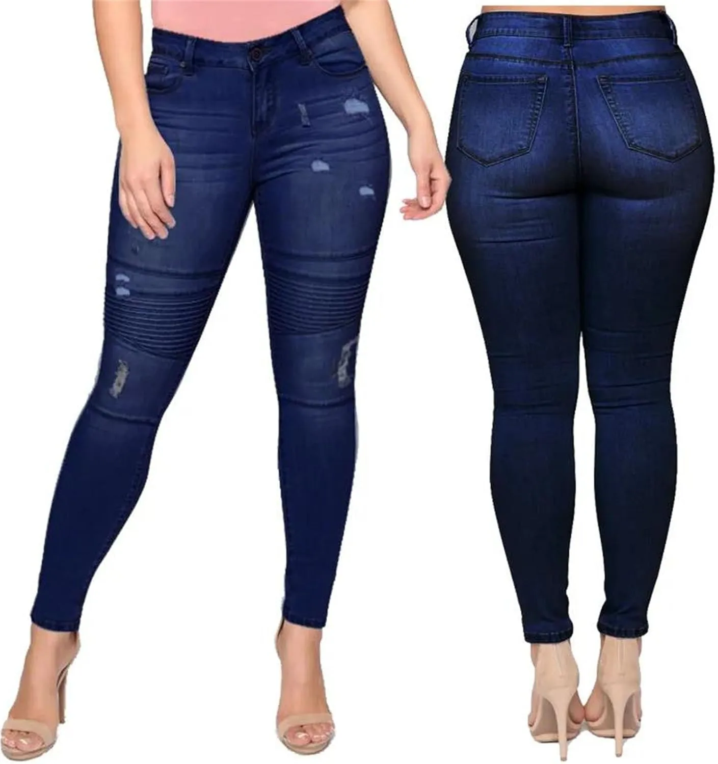 Women's Fashion High Stretch Skinny Denim Pencil Pants Street Casual Dark Blue Pleated Ripped Jeans