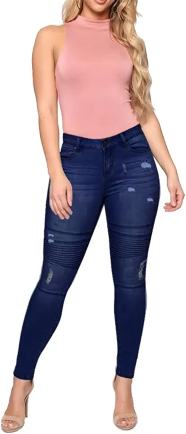Women's Fashion High Stretch Skinny Denim Pencil Pants Street Casual Dark Blue Pleated Ripped Jeans