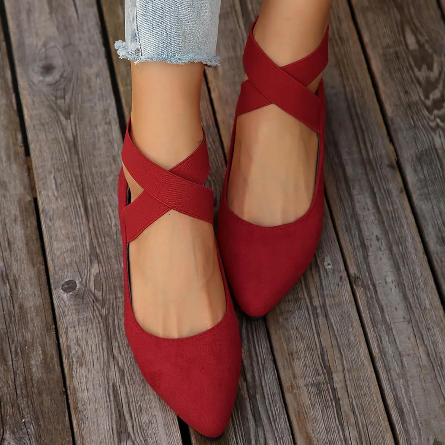 Women's Flats Pointed Toe Ballet Shoes 2025 Suede Cross Band Comfortable Dressy Mesh Slip On Flats Shoes