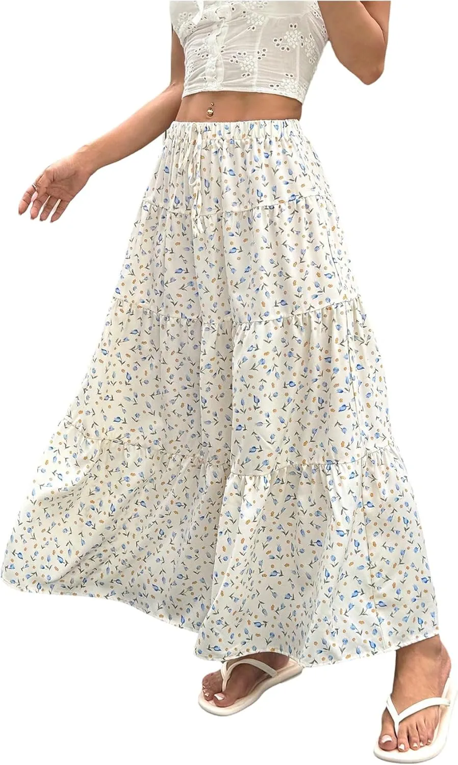 Women's Flowy Flared Ruffle Hem A Line Maxi Skirts Elastic Waist Elegant Tiered Layer Boho Long Skirts