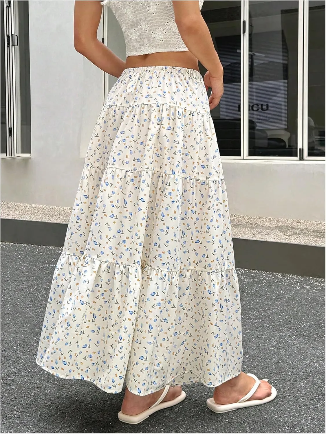 Women's Flowy Flared Ruffle Hem A Line Maxi Skirts Elastic Waist Elegant Tiered Layer Boho Long Skirts