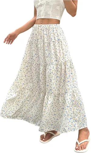 Women's Flowy Flared Ruffle Hem A Line Maxi Skirts Elastic Waist Elegant Tiered Layer Boho Long Skirts