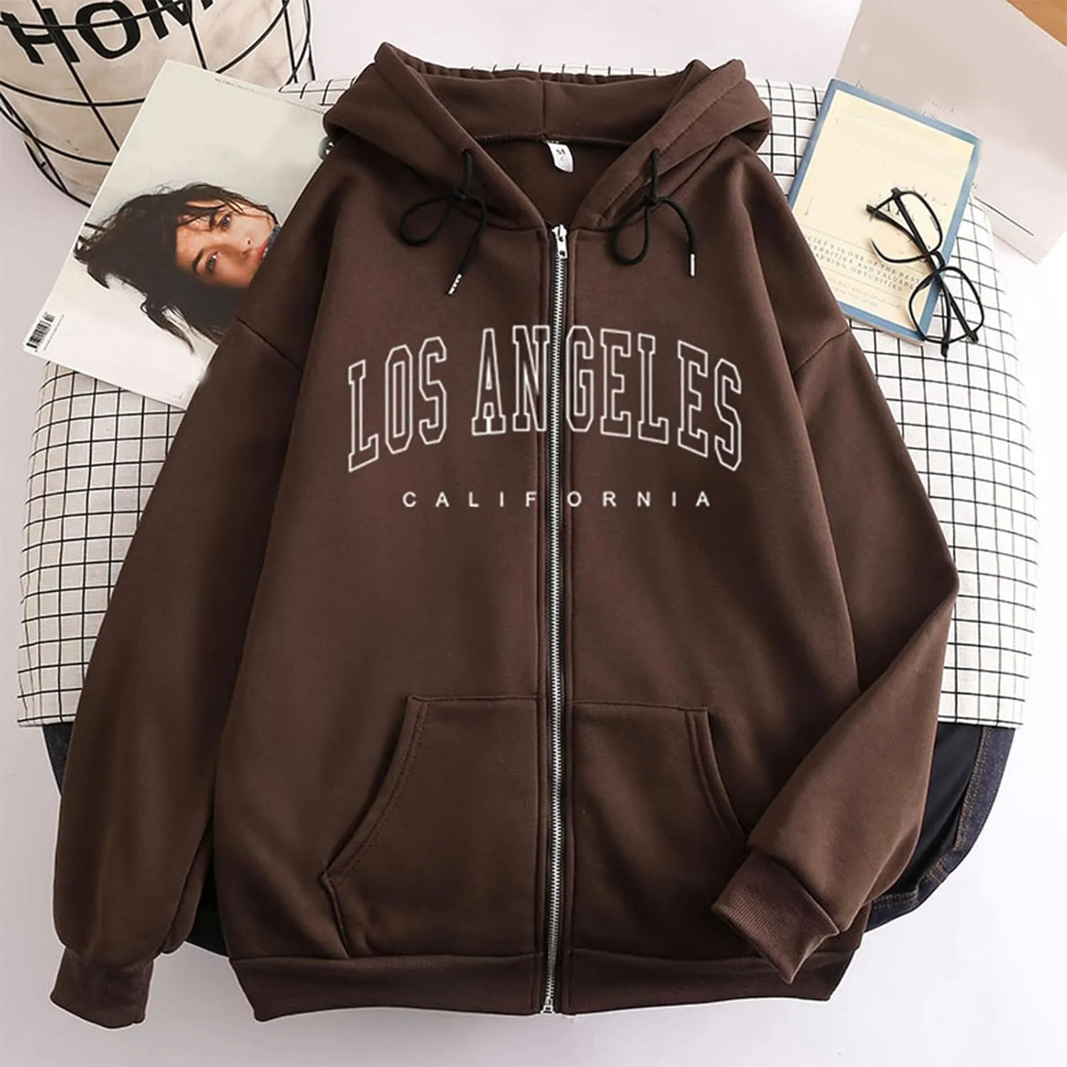 Womens Full Zip Letter Print Hoodie Trendy Casual Pullover Tops Long Sleeve Drawstring Couple Hooded Sweatshirt with Pocket