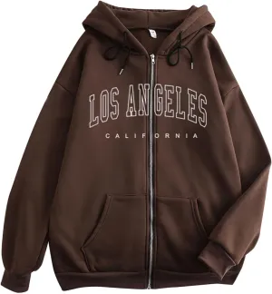 Womens Full Zip Letter Print Hoodie Trendy Casual Pullover Tops Long Sleeve Drawstring Couple Hooded Sweatshirt with Pocket