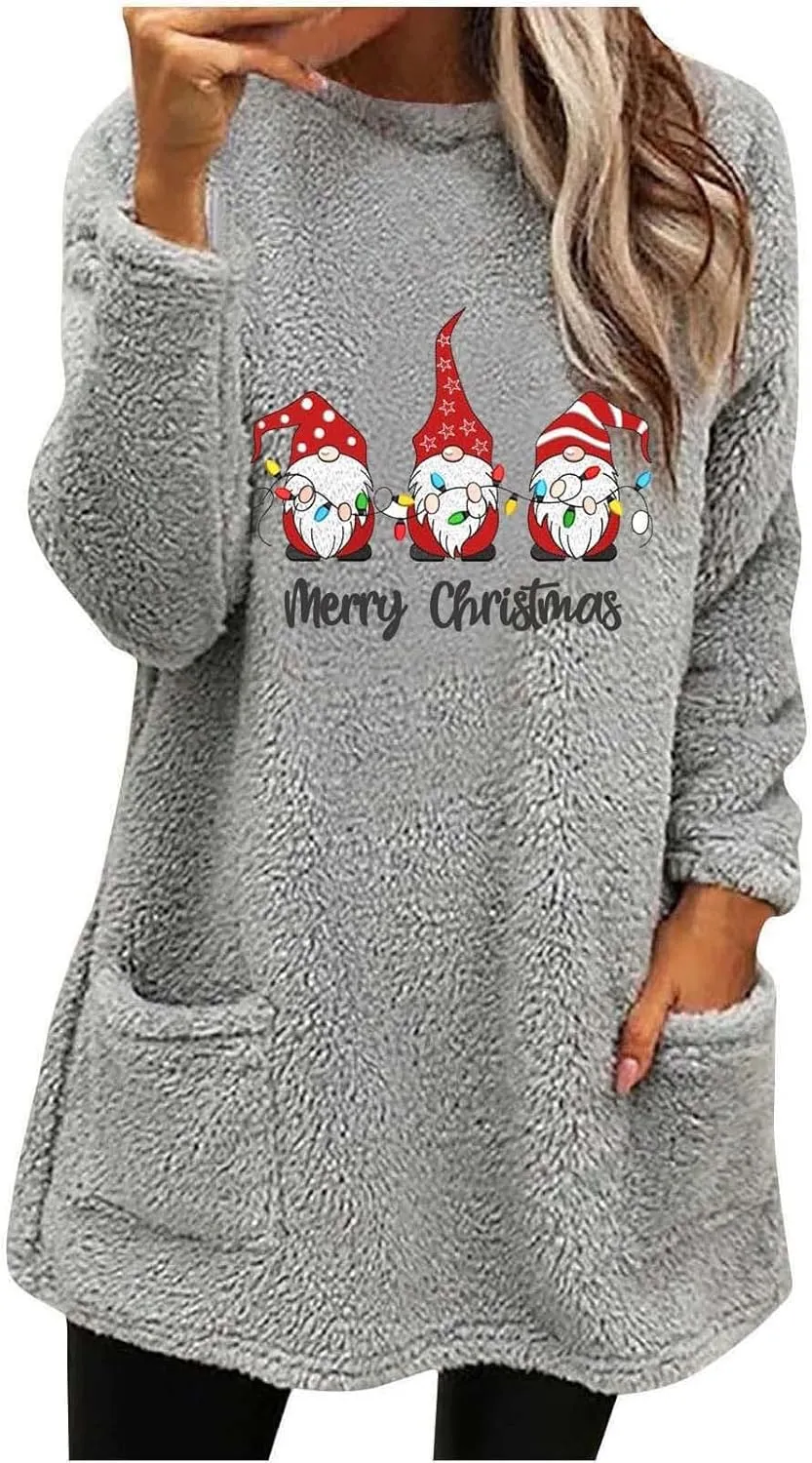 Women's Fuzzy Fleece Sweatshirts Long Sleeve Faux Fur Shaggy Sherpa Pullover Fall Winter Warm Outwear With Pockets