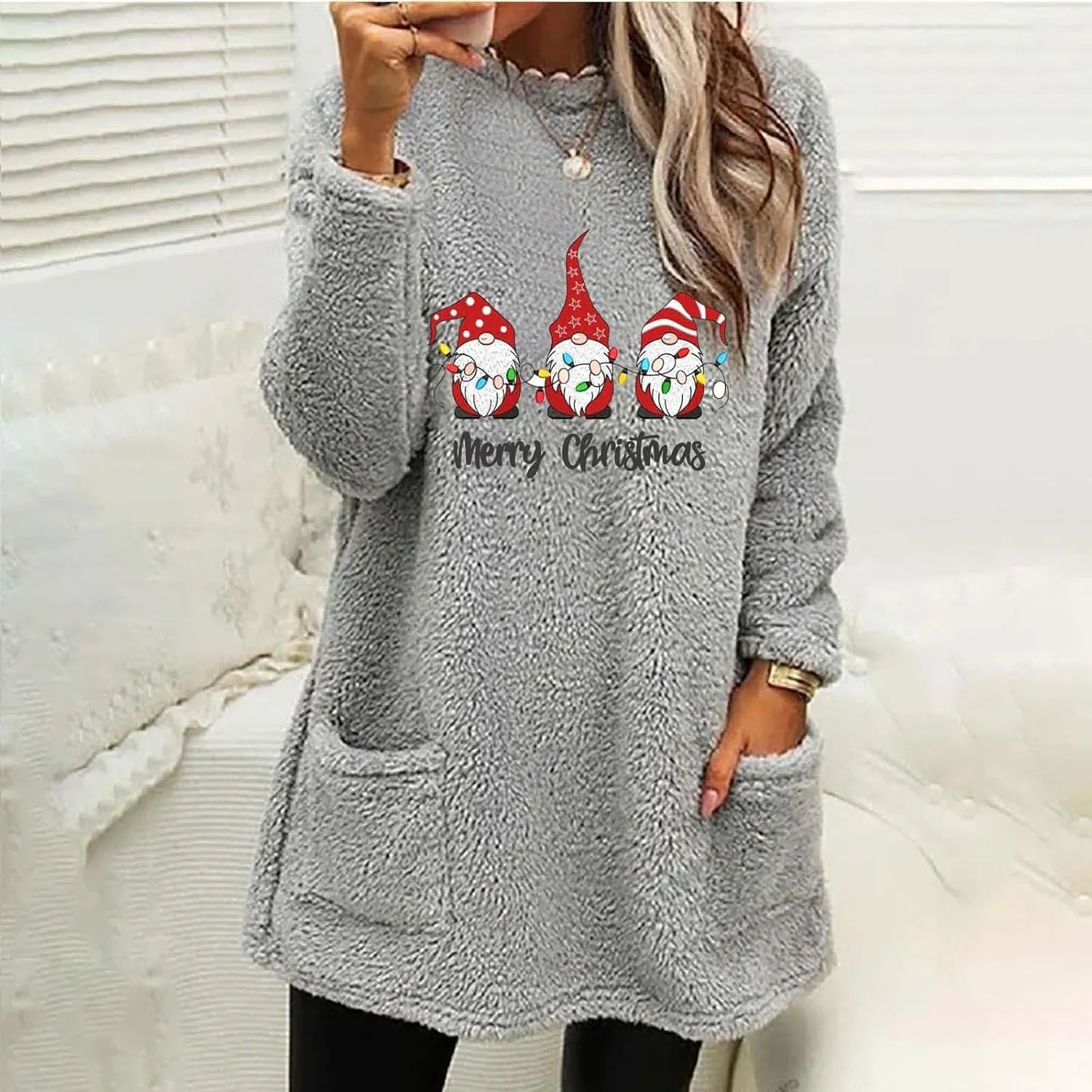 Women's Fuzzy Fleece Sweatshirts Long Sleeve Faux Fur Shaggy Sherpa Pullover Fall Winter Warm Outwear With Pockets