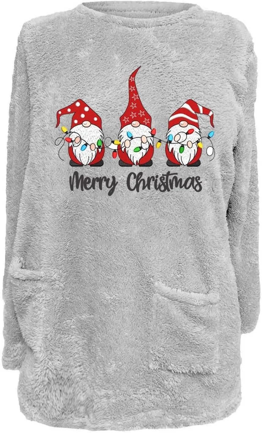 Women's Fuzzy Fleece Sweatshirts Long Sleeve Faux Fur Shaggy Sherpa Pullover Fall Winter Warm Outwear With Pockets