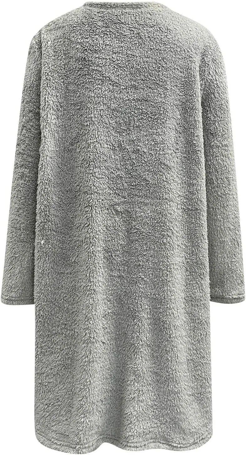 Women's Fuzzy Fleece Sweatshirts Long Sleeve Faux Fur Shaggy Sherpa Pullover Fall Winter Warm Outwear With Pockets