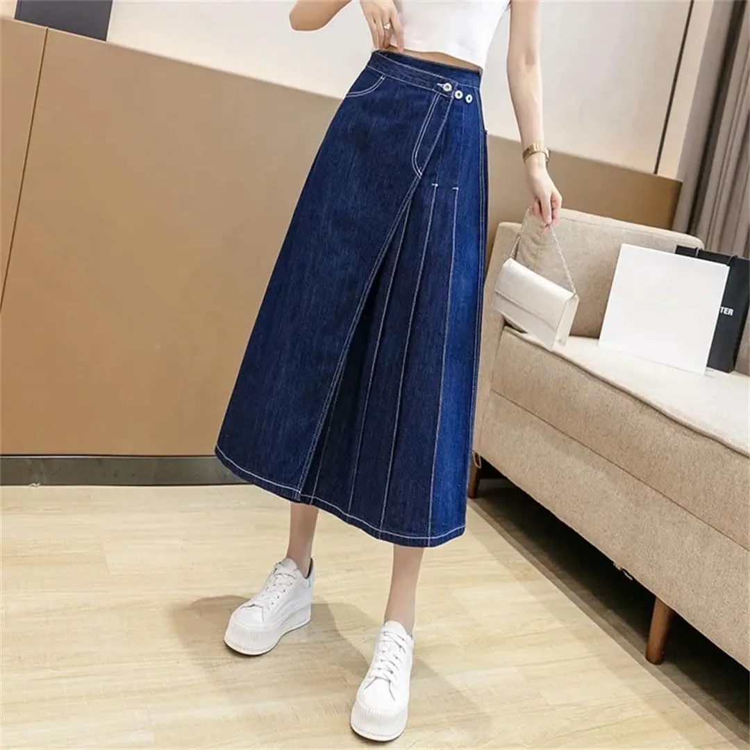 Women's High Strecth Denim Skirt Front Slit Waistband Knee Length Skirt