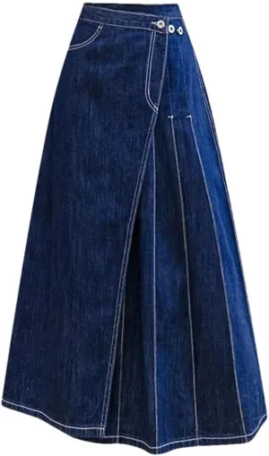 Women's High Strecth Denim Skirt Front Slit Waistband Knee Length Skirt