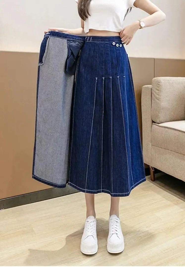 Women's High Strecth Denim Skirt Front Slit Waistband Knee Length Skirt