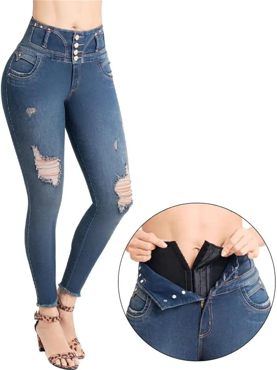 Women's High Waist Body Shaping Jeans Flat Tummy Control Leggings Stretch Slimming Skinny Denim Pants