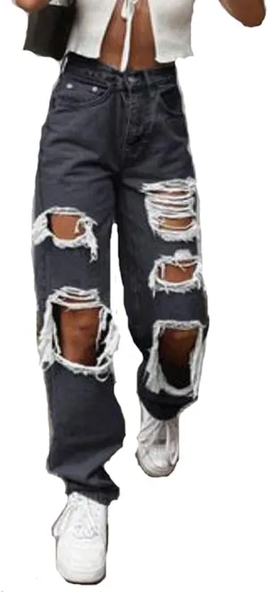 Women's High Waist Jeans Y2K Fashion Wide Leg Straight Leg Jeans Loose Stitched Lace Jeans Ripped Streetwear