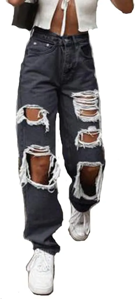Women's High Waist Jeans Y2K Fashion Wide Leg Straight Leg Jeans Loose Stitched Lace Jeans Ripped Streetwear