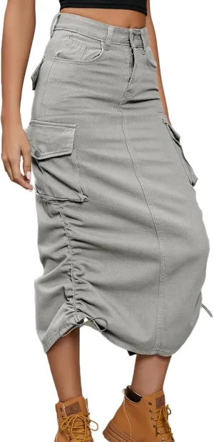 Womens High Waisted Cargo Midi Skirt Drawstring Shirred Y2k Harajuku Skirt with Pockets