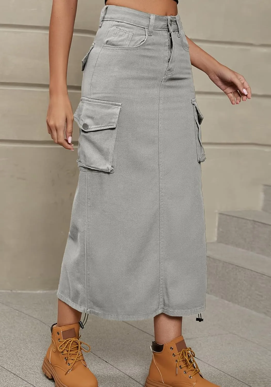 Womens High Waisted Cargo Midi Skirt Drawstring Shirred Y2k Harajuku Skirt with Pockets