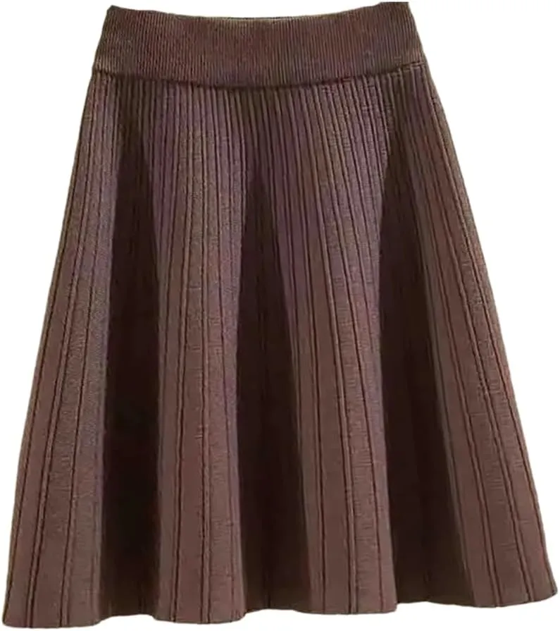 Women's Knitted Skirt Retro Pleated A-Line Stretch High Waist Solid Color Casual Mini Skirts