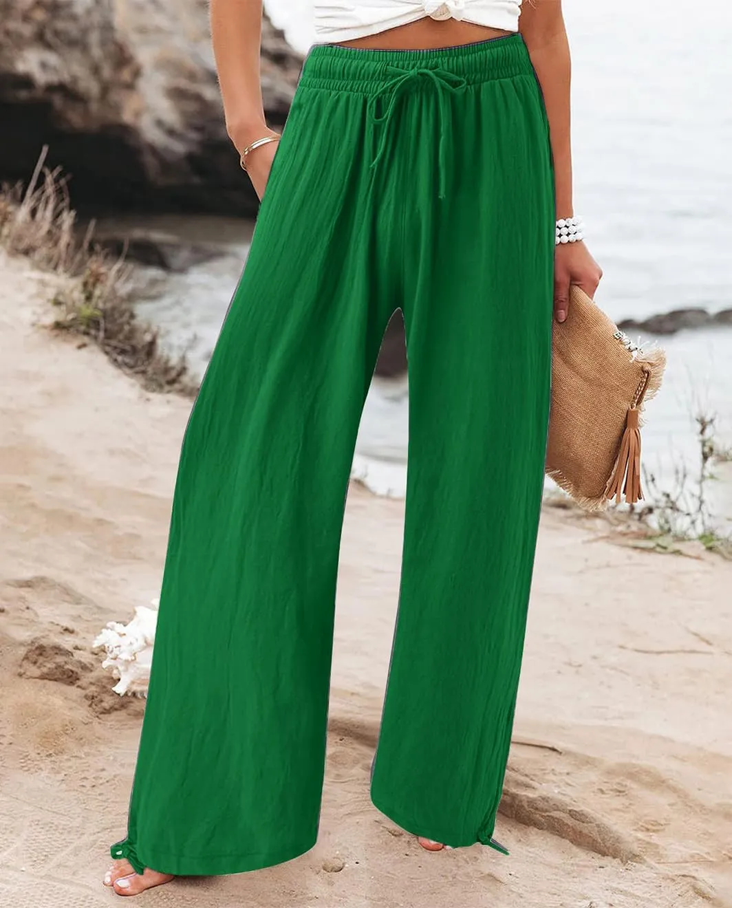 Womens Linen Palazzo Pants Drawstring High Waisted Wide Leg Pants Elastic Casual Loose Flowy Trousers with Pocket