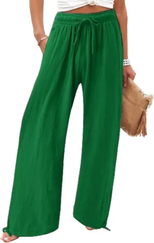 Womens Linen Palazzo Pants Drawstring High Waisted Wide Leg Pants Elastic Casual Loose Flowy Trousers with Pocket