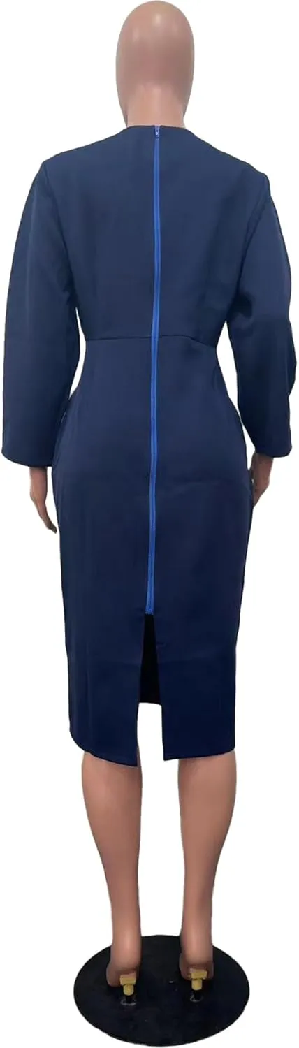 Women's Long Sleeve Bodycon Midi Dress Casual Solid Color Crew Neck Wrap Back Slit Cocktail Party Pencil Dresses