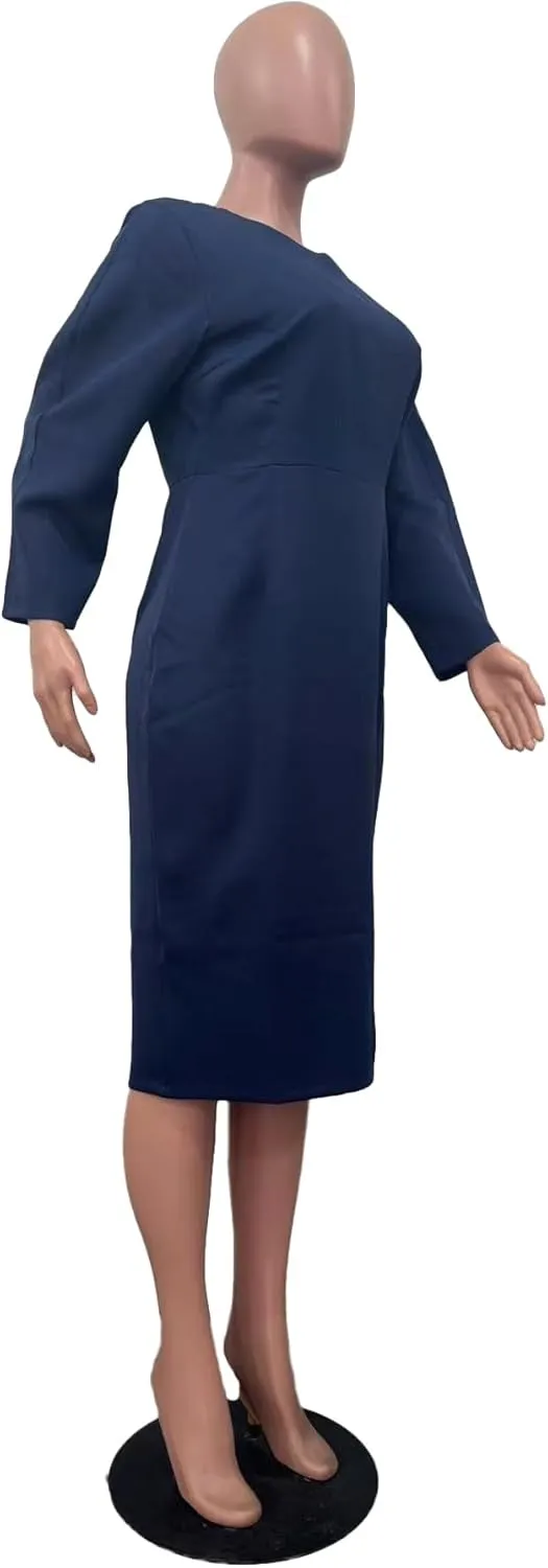 Women's Long Sleeve Bodycon Midi Dress Casual Solid Color Crew Neck Wrap Back Slit Cocktail Party Pencil Dresses