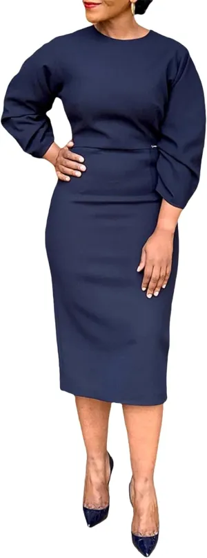 Women's Long Sleeve Bodycon Midi Dress Casual Solid Color Crew Neck Wrap Back Slit Cocktail Party Pencil Dresses