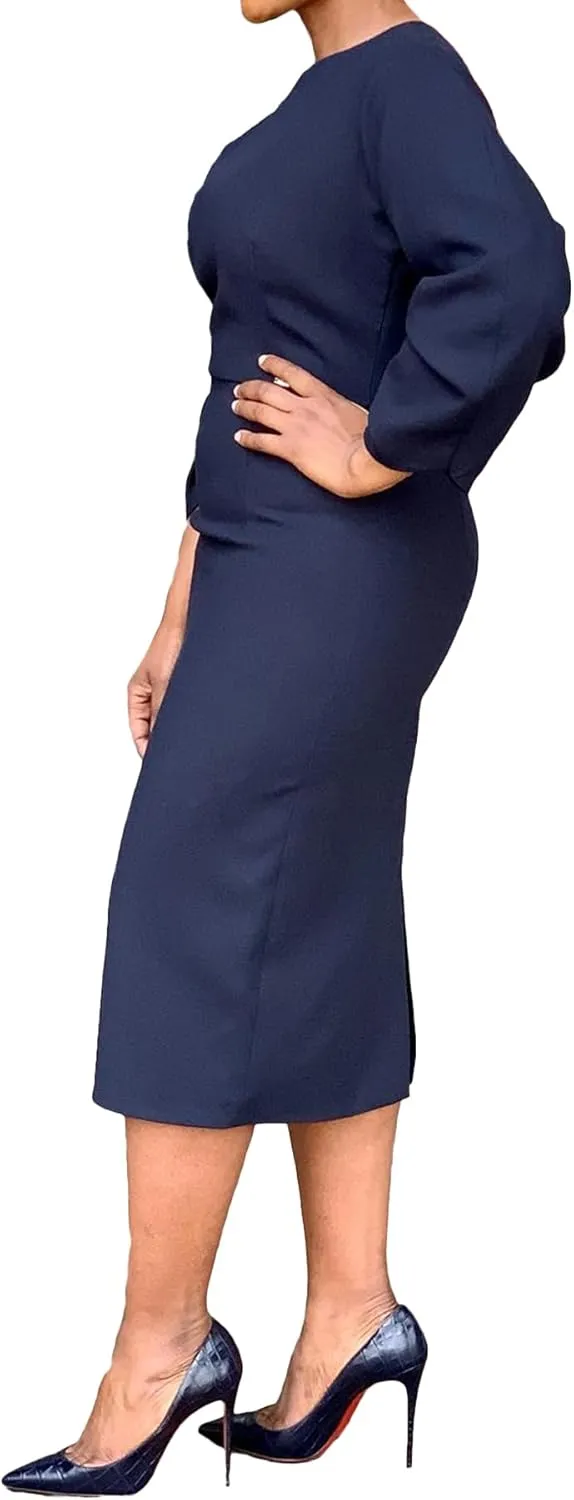 Women's Long Sleeve Bodycon Midi Dress Casual Solid Color Crew Neck Wrap Back Slit Cocktail Party Pencil Dresses