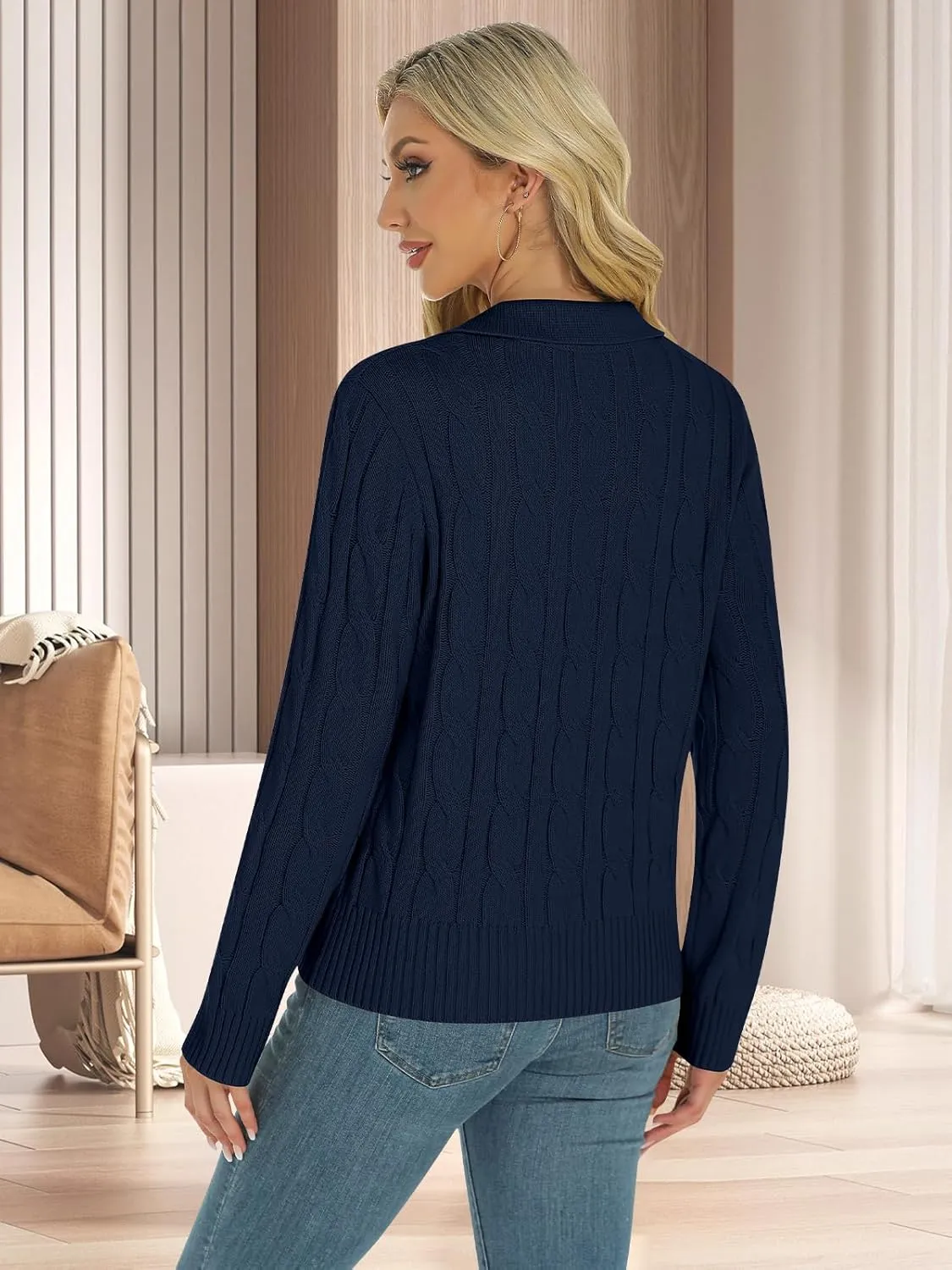 Womens Long Sleeve Sweaters Cable Tops Solid Lapel Polo V Neck Knit Casual Soft Pullover Shirt 2025 Spring Outfits