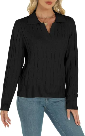 Womens Long Sleeve Sweaters Cable Tops Solid Lapel Polo V Neck Knit Casual Soft Pullover Shirt 2025 Spring Outfits