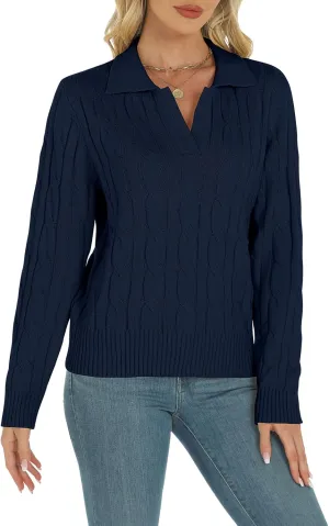 Womens Long Sleeve Sweaters Cable Tops Solid Lapel Polo V Neck Knit Casual Soft Pullover Shirt 2025 Spring Outfits