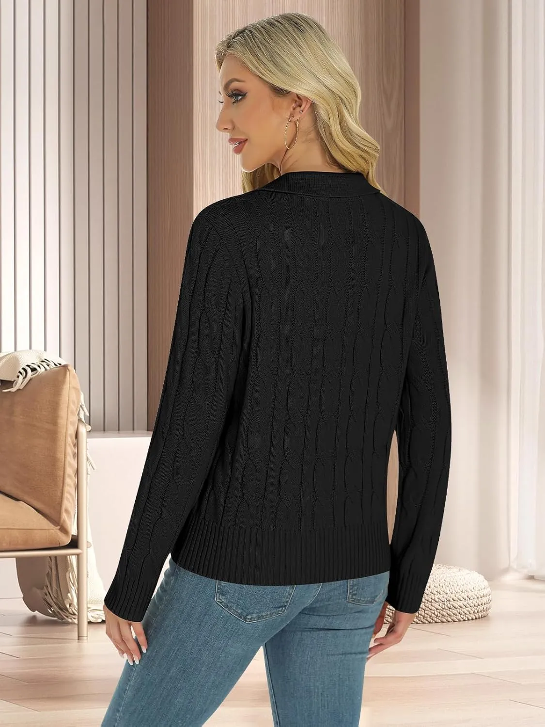 Womens Long Sleeve Sweaters Cable Tops Solid Lapel Polo V Neck Knit Casual Soft Pullover Shirt 2025 Spring Outfits