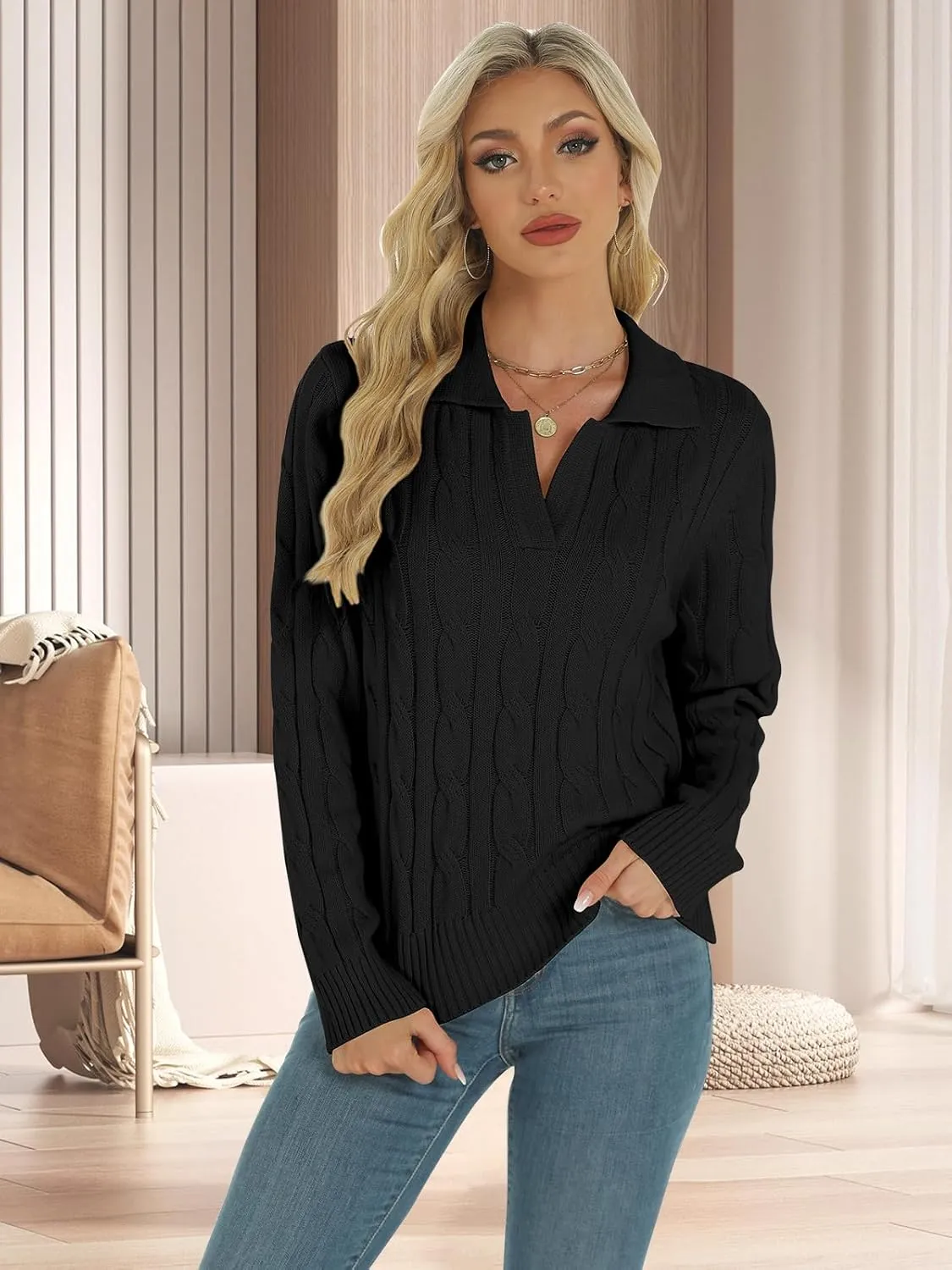 Womens Long Sleeve Sweaters Cable Tops Solid Lapel Polo V Neck Knit Casual Soft Pullover Shirt 2025 Spring Outfits