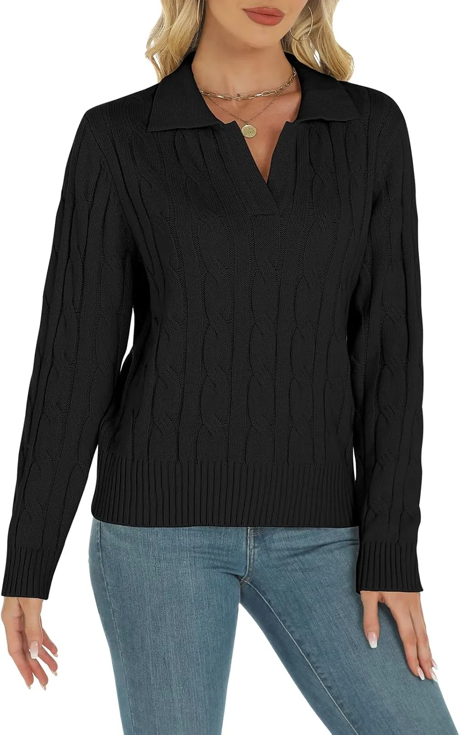 Womens Long Sleeve Sweaters Cable Tops Solid Lapel Polo V Neck Knit Casual Soft Pullover Shirt 2025 Spring Outfits