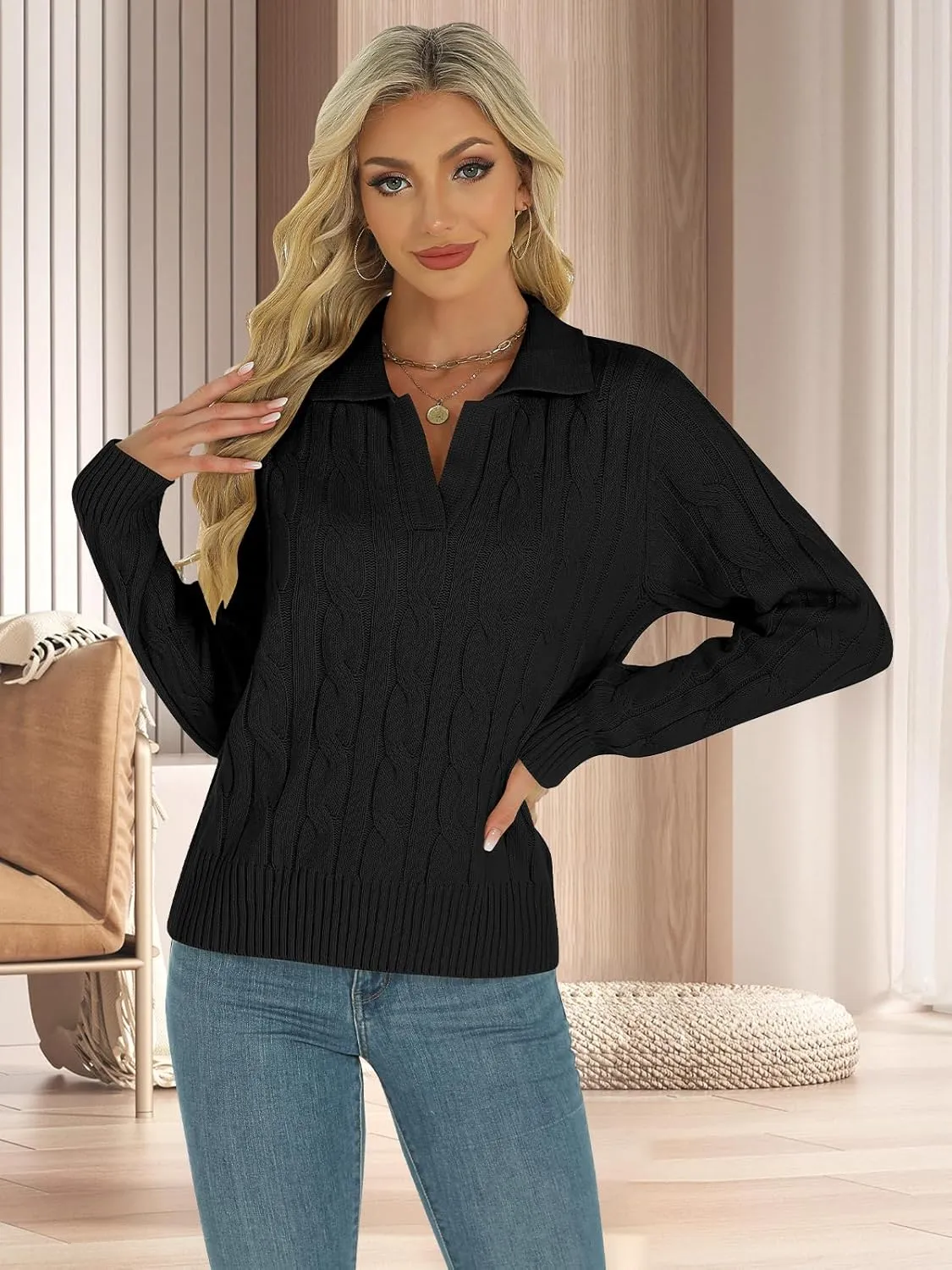 Womens Long Sleeve Sweaters Cable Tops Solid Lapel Polo V Neck Knit Casual Soft Pullover Shirt 2025 Spring Outfits