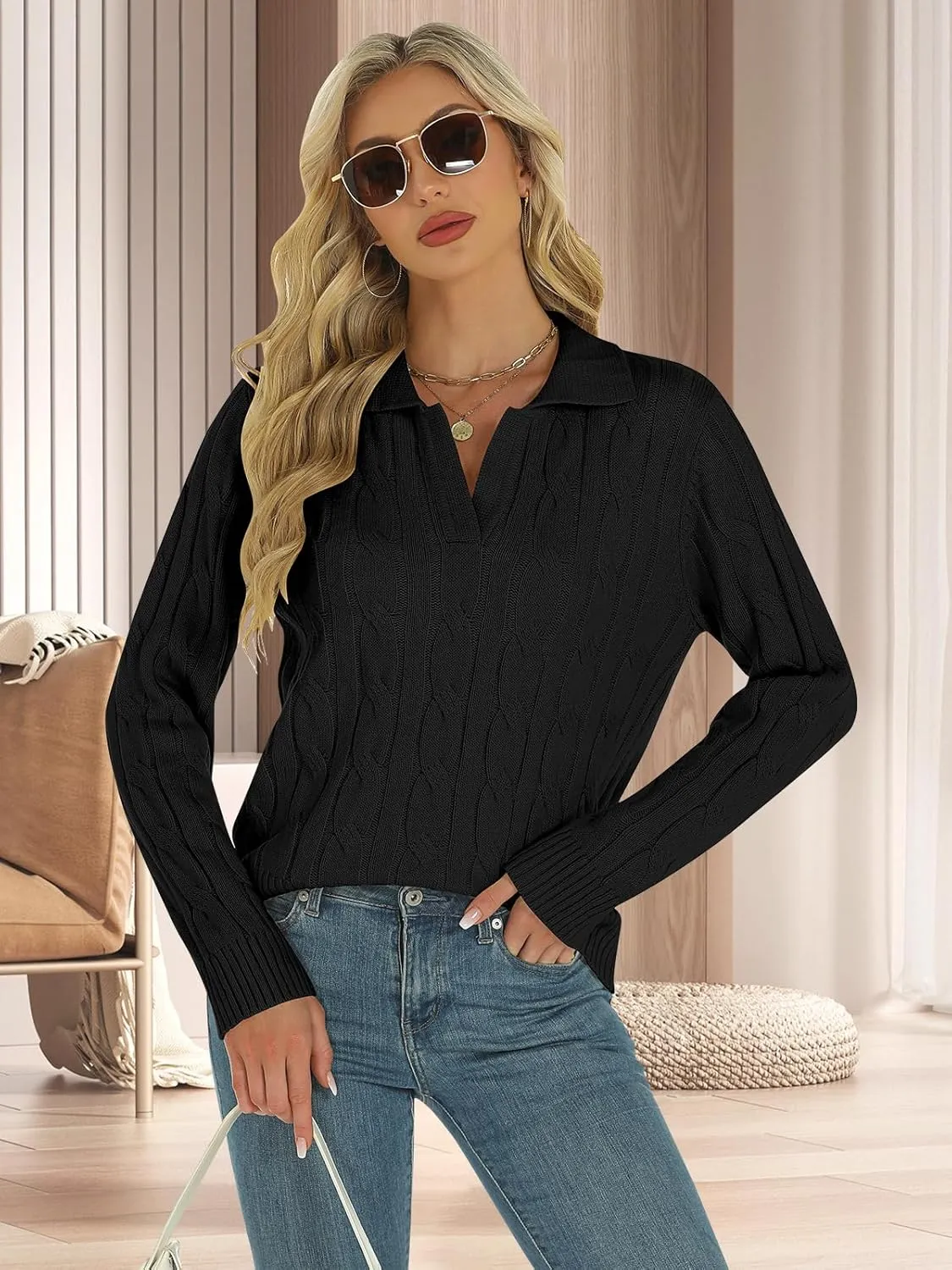 Womens Long Sleeve Sweaters Cable Tops Solid Lapel Polo V Neck Knit Casual Soft Pullover Shirt 2025 Spring Outfits