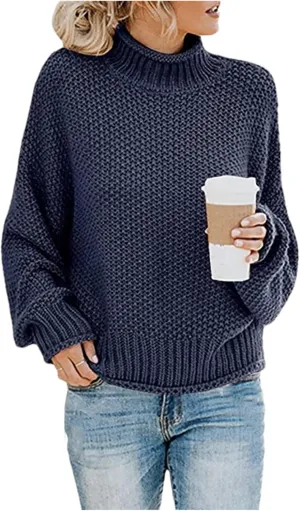 Women's Loose Winter Turtleneck Knitted Jumpers Casual Red Sweaters Ladies Oversized Thick Sweater